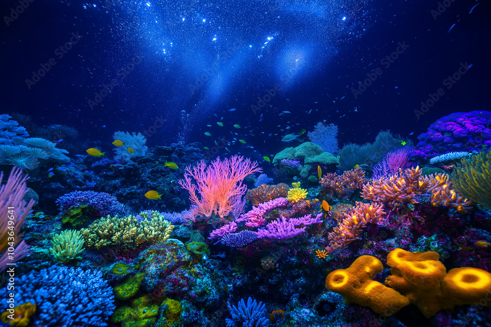 An underwater photo that brings to life the tranquil beauty of the deep sea, showcasing coral reefs and marine life in a serene, untouched aquatic environment. An underwater photo that brings to life the tranquil beauty of the deep sea, showcasing coral reefs and marine life in a serene, untouched aquatic environment.