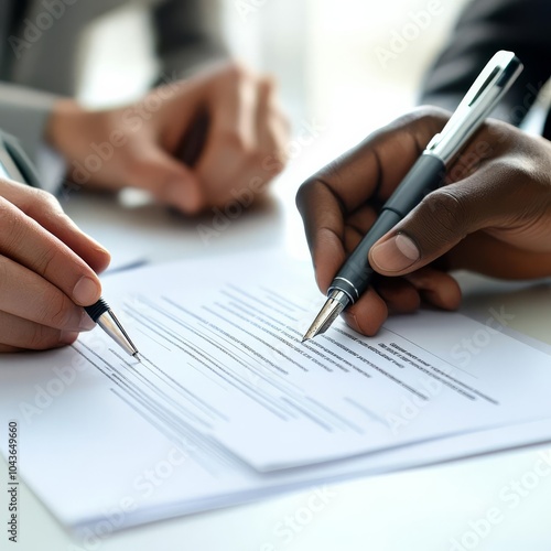 Close-up of a funding agreement being signed, with documents and pens on the table