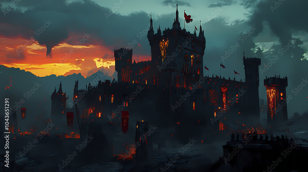 Obraz premium The dark castle after the battle. Sky Fortress. Illustration