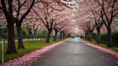 A paved pathway lined with cherry blossom trees in full bloom, with pink petals scattered on the ground.