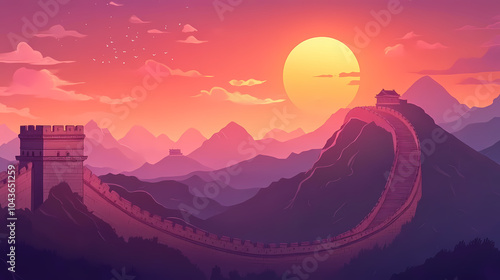 The great wall of china at sunset,panoramic view. Sky Fortress. Illustration photo