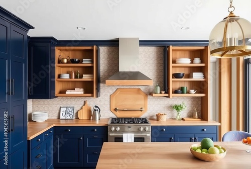 Deep Blue  Natural Wood Rich navy blue cabinets paired with natu photo