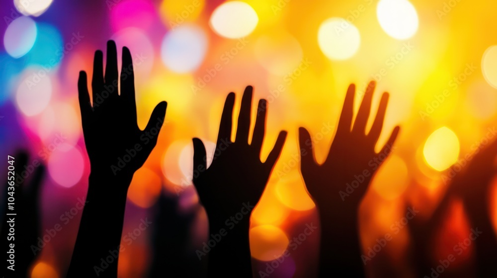 Silhouette of raised hands at a concert with bright stage lights in the background. Music festival and live performance concept. Silhouette of raised hands at a concert with bright stage lights in the background. Music festival and live performance concept.