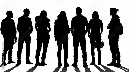 The image showcases seven individuals standing in a row, their silhouettes outlined against a white background. They appear to be engaged in conversation, with their postures and expressions suggestin photo