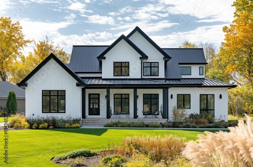 the exterior front view of an all-white modern farmhouse with a black roof and accents, a large two-story home in a charming, lakefront neighborhood