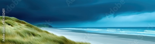 A serene beach landscape with lush grass and ominous storm clouds overhead.