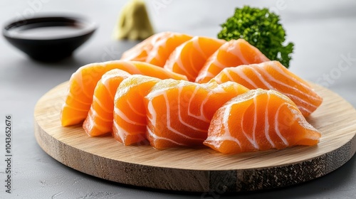 Fresh salmon slices arranged on a wooden board with wasabi and herbs. photo