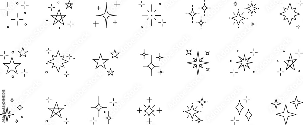 Stars and sparkles doodle set. Twinkle, firework, glitter silhouette. Hand drawn vector illustration isolated on white background Stars and sparkles doodle set. Twinkle, firework, glitter silhouette. Hand drawn vector illustration isolated on white background