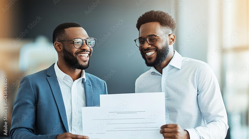 Founder and investor smiling while holding a signed capital agreement, success in hand Founder and investor smiling while holding a signed capital agreement, success in hand