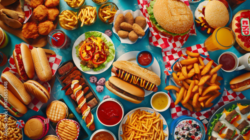 A colorful flat lay of various fast food items including burgers, hot dogs, fries, fried chicken, and drinks photo