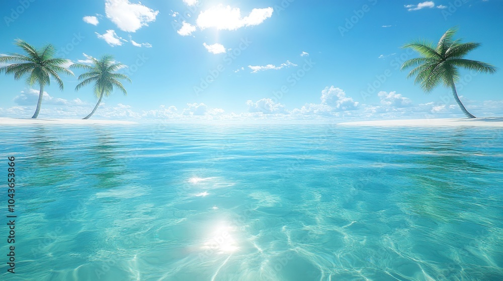Tranquil beach scene with palm trees and clear blue water under a sunny sky. Tranquil beach scene with palm trees and clear blue water under a sunny sky.