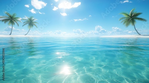 Tranquil beach scene with palm trees and clear blue water under a sunny sky.