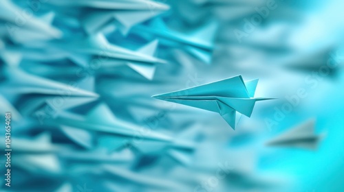 Blue paper airplanes flying in a dynamic formation, creating a sense of movement.