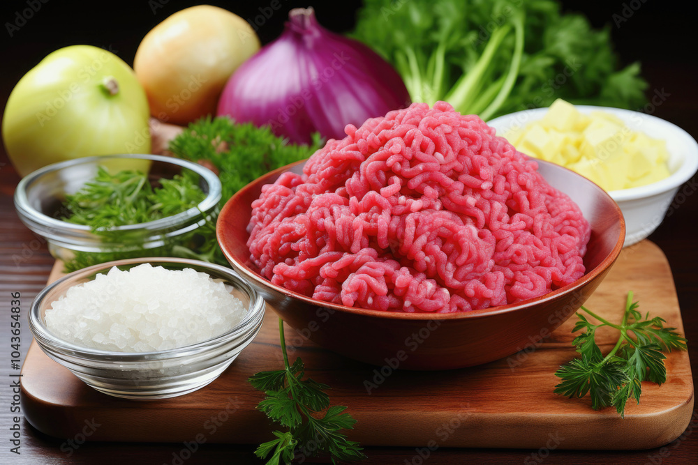 Bowl of ground beef on a wooden cutting board surrounded by vegetables. Bowl of ground beef on a wooden cutting board surrounded by vegetables.