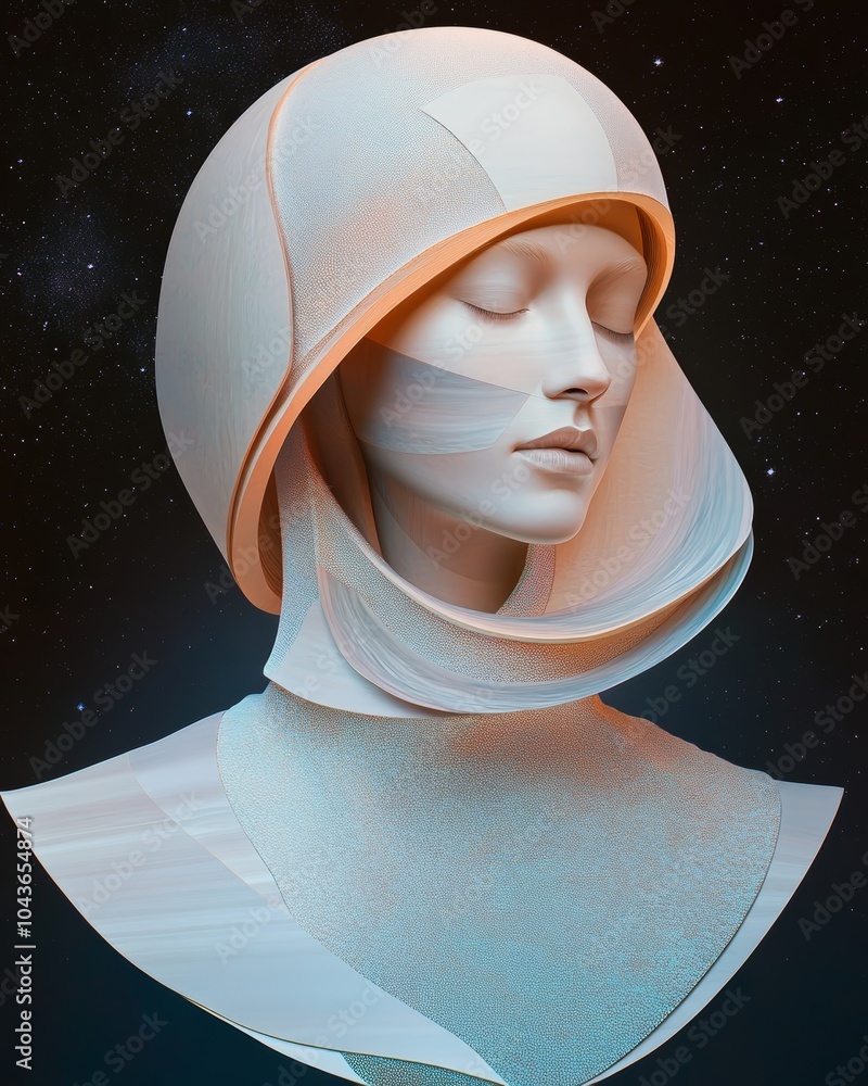 Fototapeta premium Futuristic Female Portrait with Sculptural Helmet and Cosmic Background 