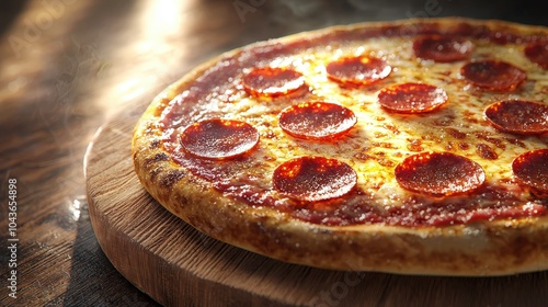 Delicious pepperoni pizza on wooden board with melted cheese and crispy crust, beautifully presented.