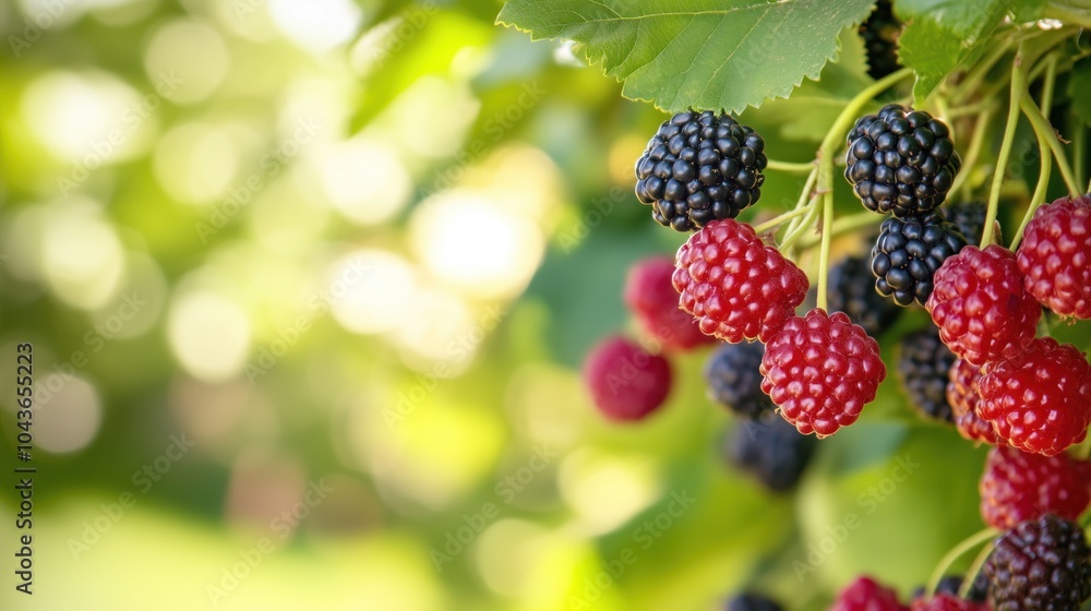 Freshly harvested mulberries hang from green vines in a sunlit garden during late summer