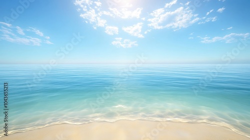 A serene beach scene with calm waters and a clear blue sky.