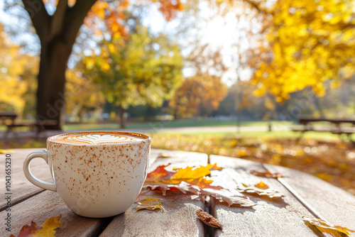 Autumn Coffee Break: A warm cup of cappuccino sits on a wooden table, surrounded by fallen autumn leaves.  The picturesque backdrop features a vibrant park in autumn colors.
