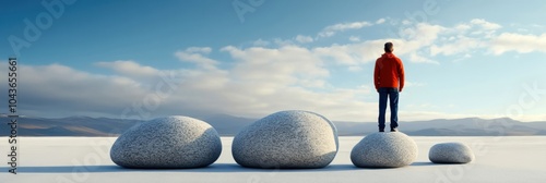 Person standing on stones, dramatic sky, serene environment. photo