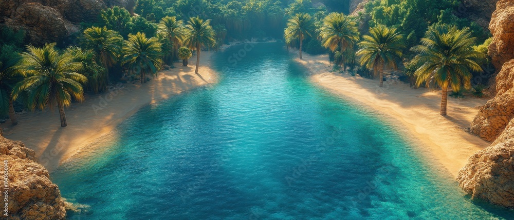 Fototapeta premium Desert Oasis Serenity, Aerial view showcasing lush palm trees surrounding a tranquil water body, capturing the beauty of arid landscapes.