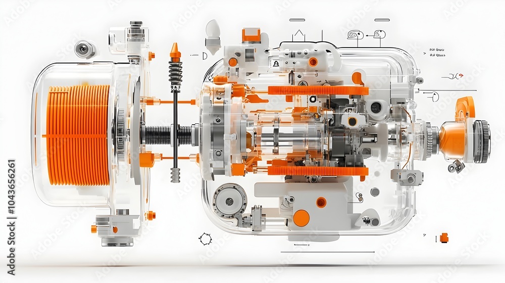 Detailed cross section view of a 3D printer showcasing its internal components such as the filament feed heating nozzle and print bed which work together to enable the additive manufacturing process Detailed cross section view of a 3D printer showcasing its internal components such as the filament feed heating nozzle and print bed which work together to enable the additive manufacturing process