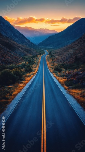 Aerial view of an endless desert highway, vast arid landscape, clear blue sky, horizon blending with the road ahead photo