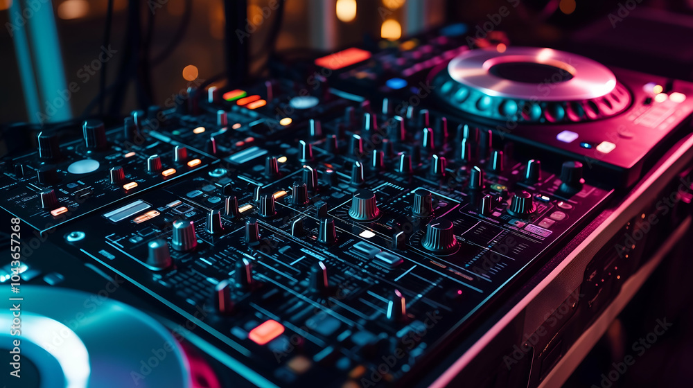 Fototapeta premium High-tech DJ controller with precision knobs, faders, and pads, ideal for seamless track mixing and production