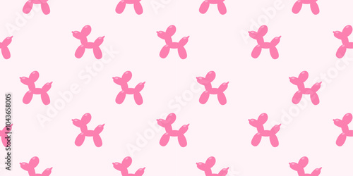Seamless pattern with pink colored balloons twisted in shape of dog. Modern design print, inflatable pet background for wallpaper, fabric, textile, wrapping paper, backdrop. Vector
