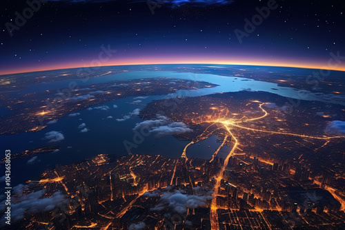 Futuristic city aerial view at night. Structure of sci-fi metropolis with neon lights from the bird view