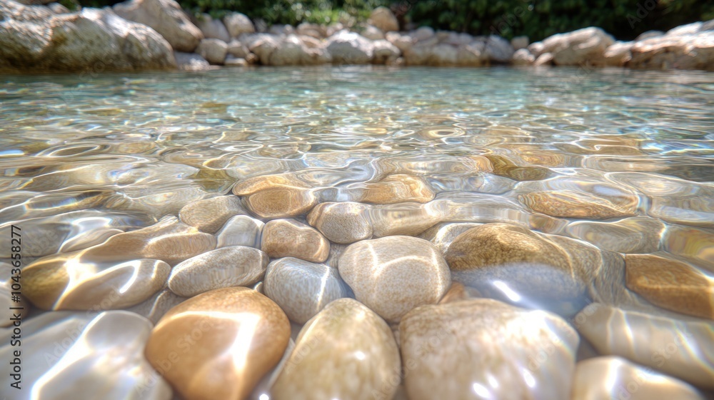 Fototapeta premium Close-up of clear water over smooth, round rocks.