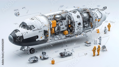 Fototapeta Naklejka Na Ścianę i Meble -  Detailed cross section visualization showing the inner workings and components of a space shuttle including the rocket engines fuel tanks and astronaut living quarters