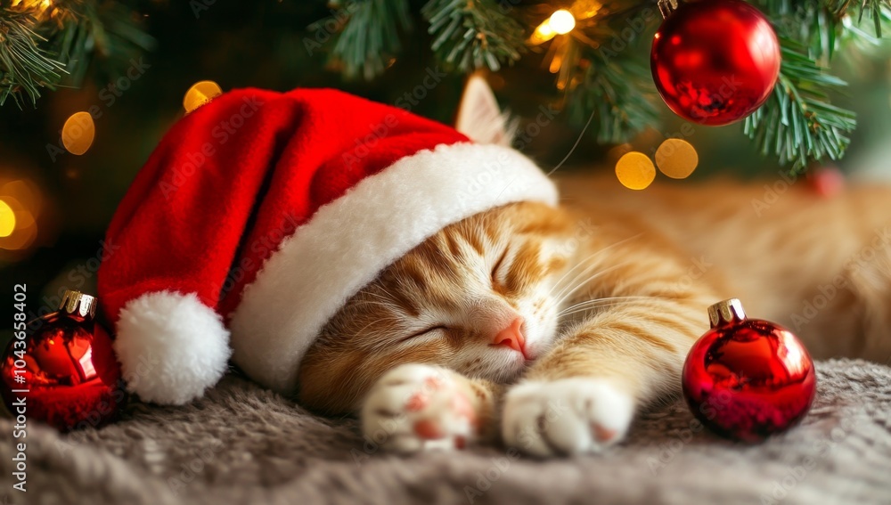 Cat Wearing Christmas Hat Sleeping Under the Tree in a Festive Atmosphere for Cute Pet Wallpaper Cat Wearing Christmas Hat Sleeping Under the Tree in a Festive Atmosphere for Cute Pet Wallpaper
