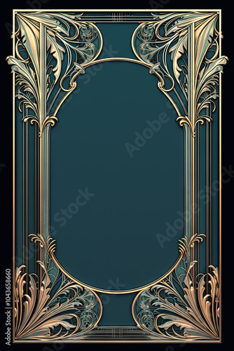 Golden art deco frame with ornament. Retro golden art deco or art nouveu frame in roaring 20s style. photo