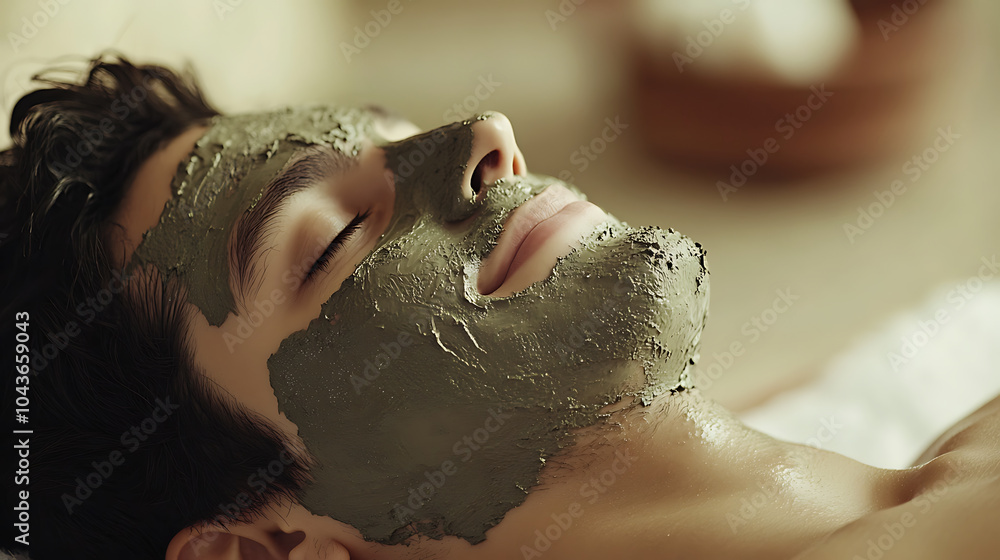 Naklejka premium serene moment of man enjoying mud mask treatment, relaxing with eyes closed and peaceful expression. This spa experience promotes wellness and rejuvenation