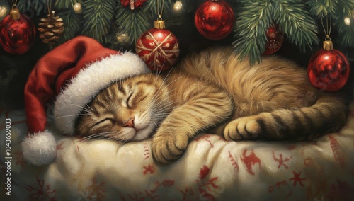 Cat Wearing Santa Hat Sleeping Under Christmas Tree with Cozy and Festive Atmosphere