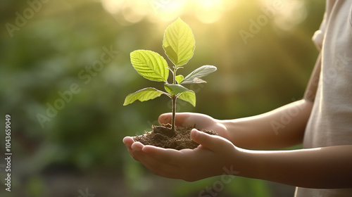 Teen's hands plant seedlings in the soil. Young plant, growth of new life. Ecology  Farmer hands planting seedlings in vegetable garden. Gardening in spring. Homemade products in organic farming. Sust photo