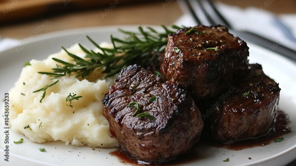 Juicy Steak with Mashed Potatoes and Rosemary Sauce Juicy Steak with Mashed Potatoes and Rosemary Sauce