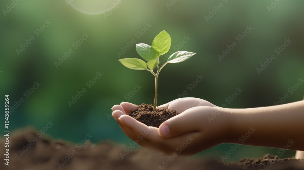 A single hand supports a sapling against an early evening backdrop, the sunlight casting a glow on new life and background Female hand holding tree on nature field grass Forest conservation concept A single hand supports a sapling against an early evening backdrop, the sunlight casting a glow on new life and background Female hand holding tree on nature field grass Forest conservation concept