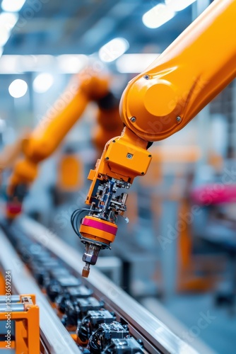 Close up of robotic arms assembling complex electrical components in factory