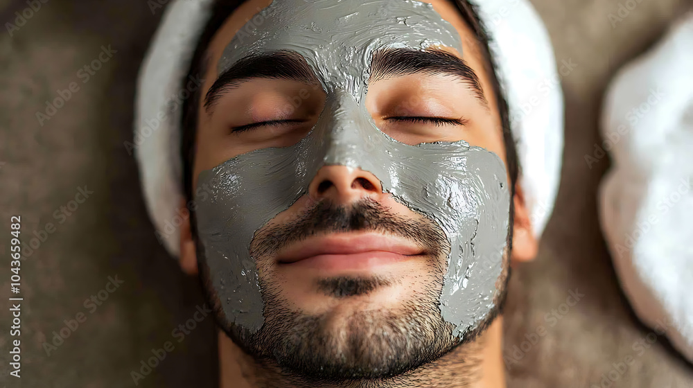 Fototapeta premium man enjoying facial treatment with mud mask, relaxing and rejuvenating his skin. soothing atmosphere enhances his calm expression and promotes self care