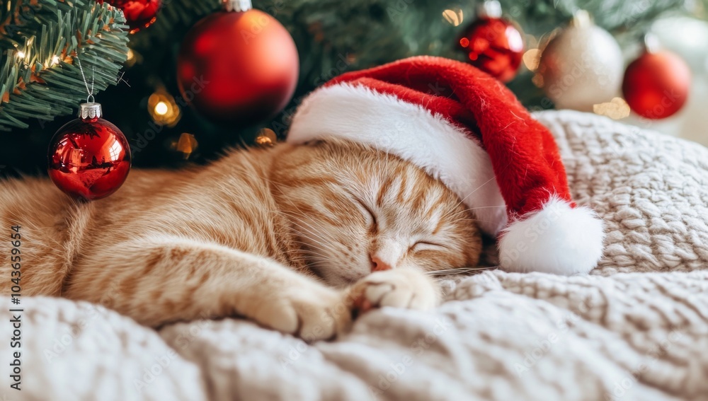 Obraz premium Cat Wearing Santa Hat Sleeping Under Christmas Tree with Cozy and Festive Atmosphere