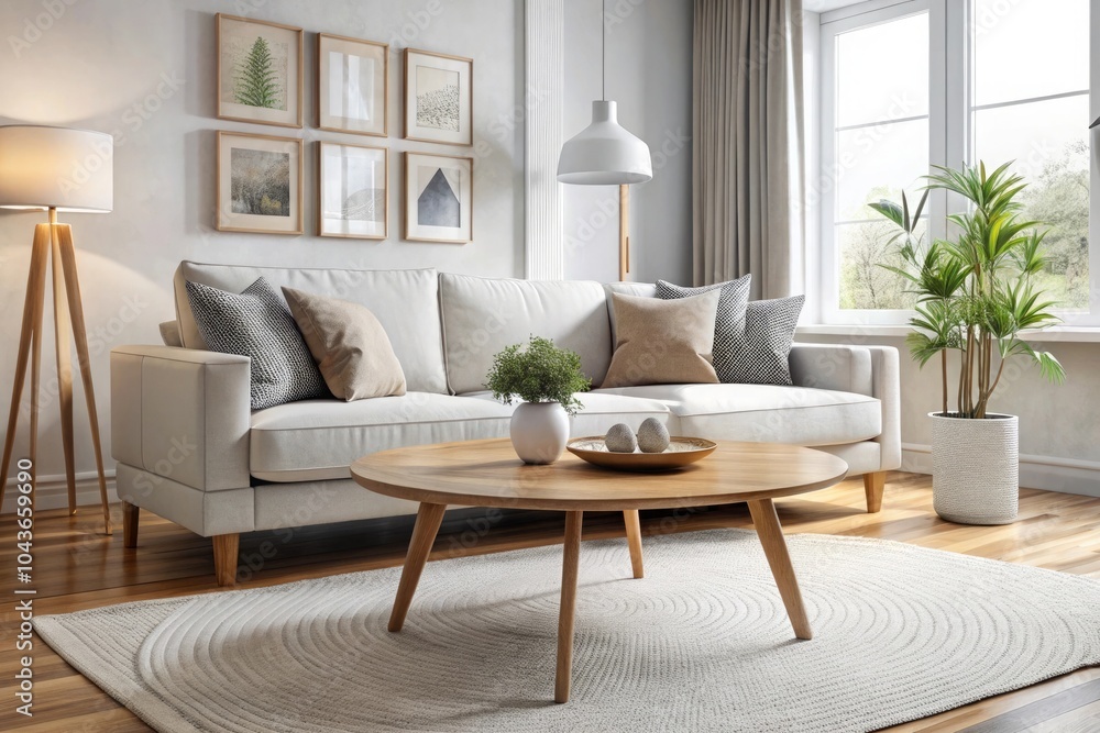 Round wood coffee table against white sofa. Scandinavian home interior design of modern living room Round wood coffee table against white sofa. Scandinavian home interior design of modern living room
