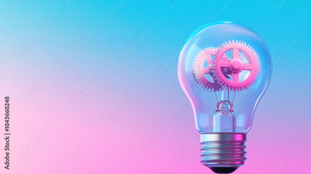 Light bulb with gears inside, colorful gradient background.