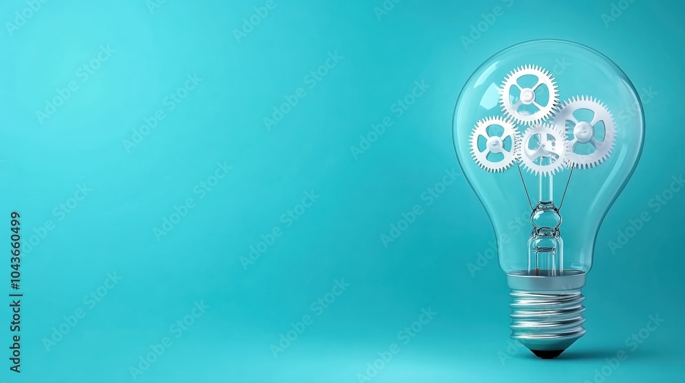 Light bulb with gears symbolizing innovation and creativity, turquoise background.