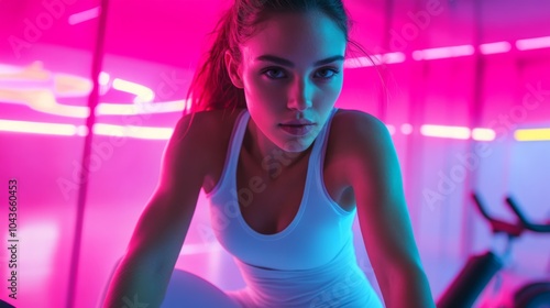 Energetic young woman in neon fitness studio for workout inspiration
