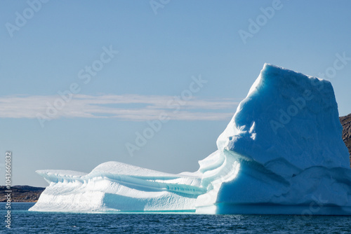 View of glaciers and icebergs in the fjords of South Greenland.