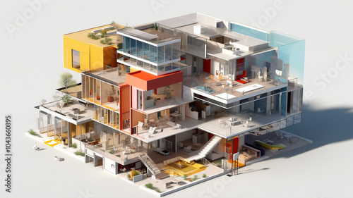 Transparent Architectural Visualization of Modern Building Design - 3D Cutaway Rendering with Detailed Structure and Engineering Insights 3D illustration of modern house