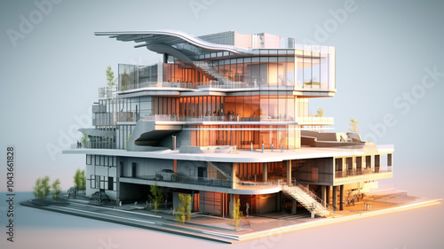 A high-resolution photo of a stylish luxury home with large glass windows and a minimalist design, set against a soft, blurred background  Luxury Residential Tower Maquette Visualization  photo