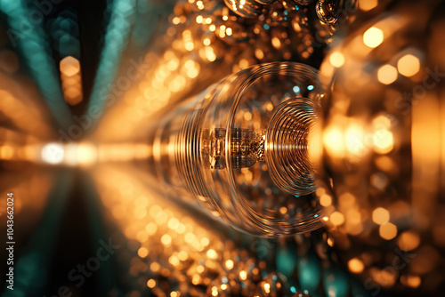 technological evolution, futuristic glass tubes in golden light tones, quantum computer, blurry background, photorealistic
